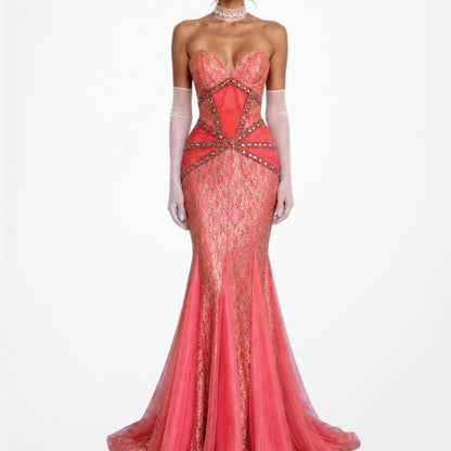 Vintage Pink Strapless Lace Beaded Fishtail Bodycon Prom Dress Size M