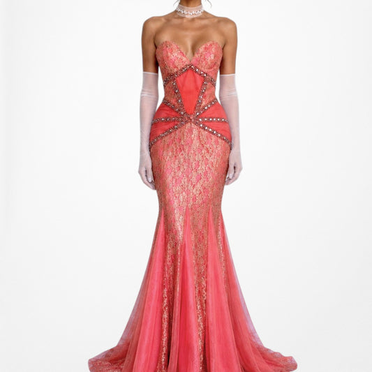 Vintage Pink Strapless Lace Beaded Fishtail Bodycon Prom Dress Size M