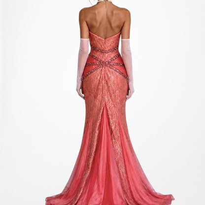 Vintage Pink Strapless Lace Beaded Fishtail Bodycon Prom Dress Size M