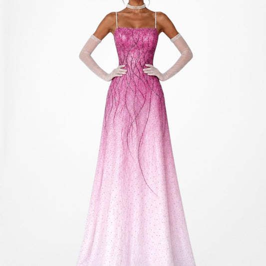 Vintage Y2K Pink Silk Ombre Beaded A-Line Tulle Maxi Formal Prom Dress Size S