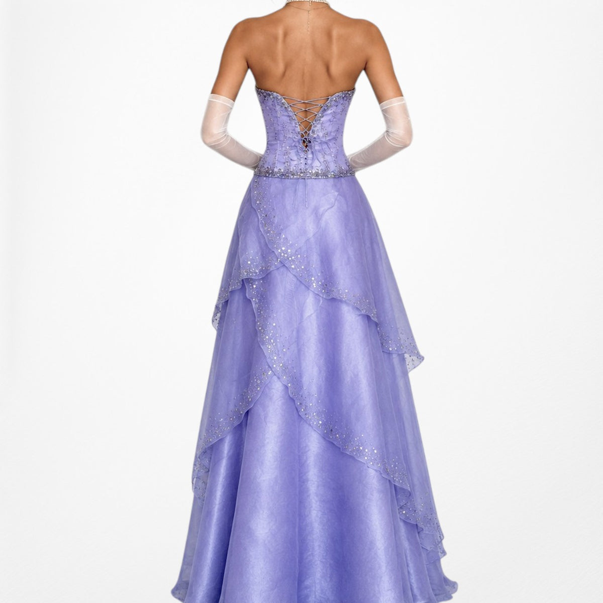 Vintage Y2K Purple Beaded Strapless Organza Lace Up Flared Maxi Prom Dress S