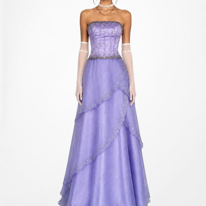 Vintage Y2K Purple Beaded Strapless Organza Lace Up Flared Maxi Prom Dress S