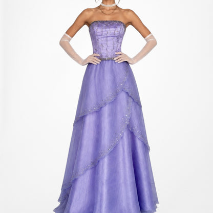 Vintage Y2K Purple Beaded Strapless Organza Lace Up Flared Maxi Prom Dress S