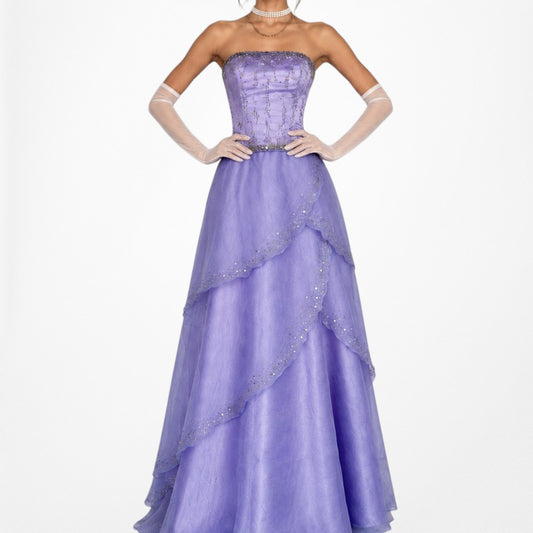 Vintage Y2K Purple Beaded Strapless Organza Lace Up Flared Maxi Prom Dress S