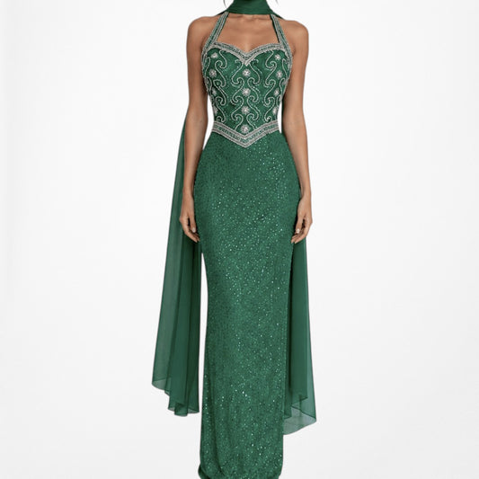 Vintage Green Beaded Halter Neck Bodycon Maxi Prom Dress Size XS/S