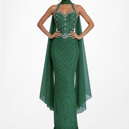 Vintage Green Beaded Halter Neck Bodycon Maxi Prom Dress Size XS/S