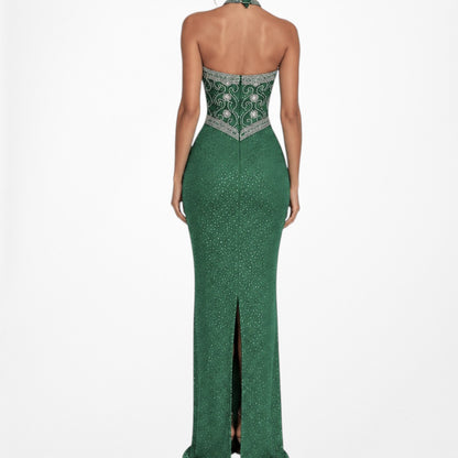 Vintage Green Beaded Halter Neck Bodycon Maxi Prom Dress Size XS/S