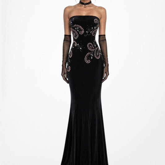 Vintage Black Velvet Knit Floral Beaded Bodycon Maxi Prom Dress Size S