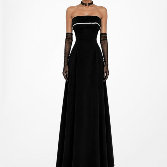 Vintage Black Strapless Rhinestone Embellished Velvet Fit Flared Maxi Formal Dress Size S
