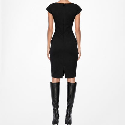 Vintage Y2K Black Capped Sleeve Knee Length Bodycon Dress Size 4/M
