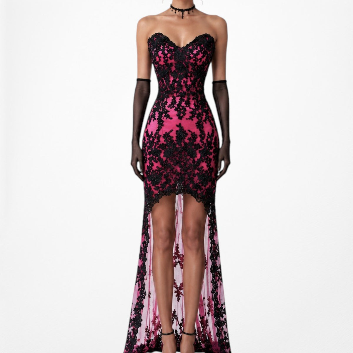Vintage Y2K Black Pink Strapless Lace Beaded High Low Maxi Prom Dress Size S/M