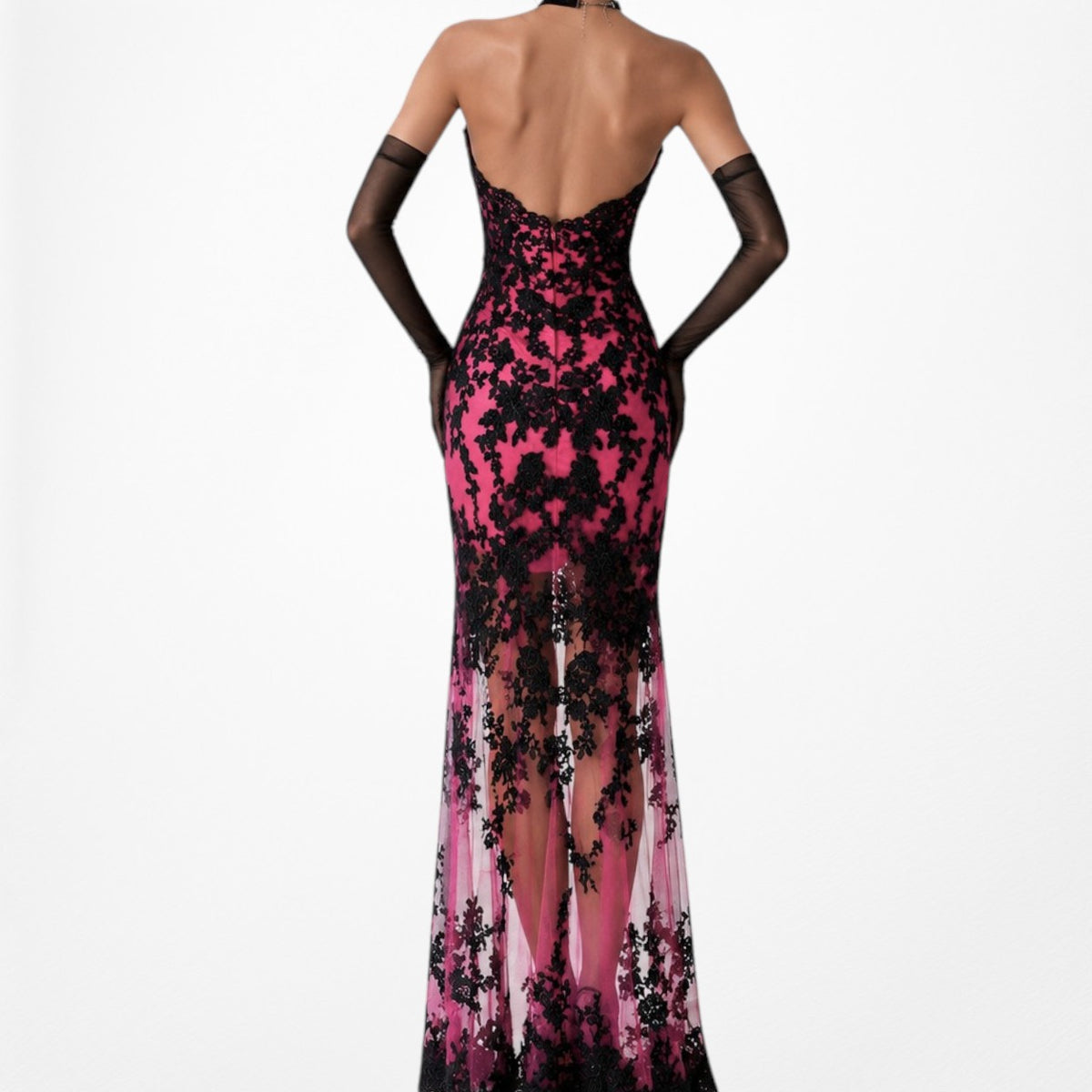 Vintage Y2K Black Pink Strapless Lace Beaded High Low Maxi Prom Dress Size S/M
