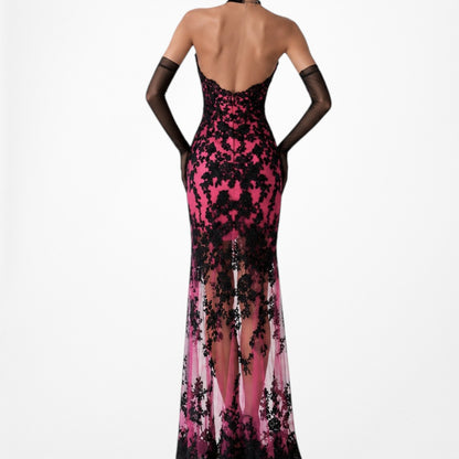 Vintage Y2K Black Pink Strapless Lace Beaded High Low Maxi Prom Dress Size S/M