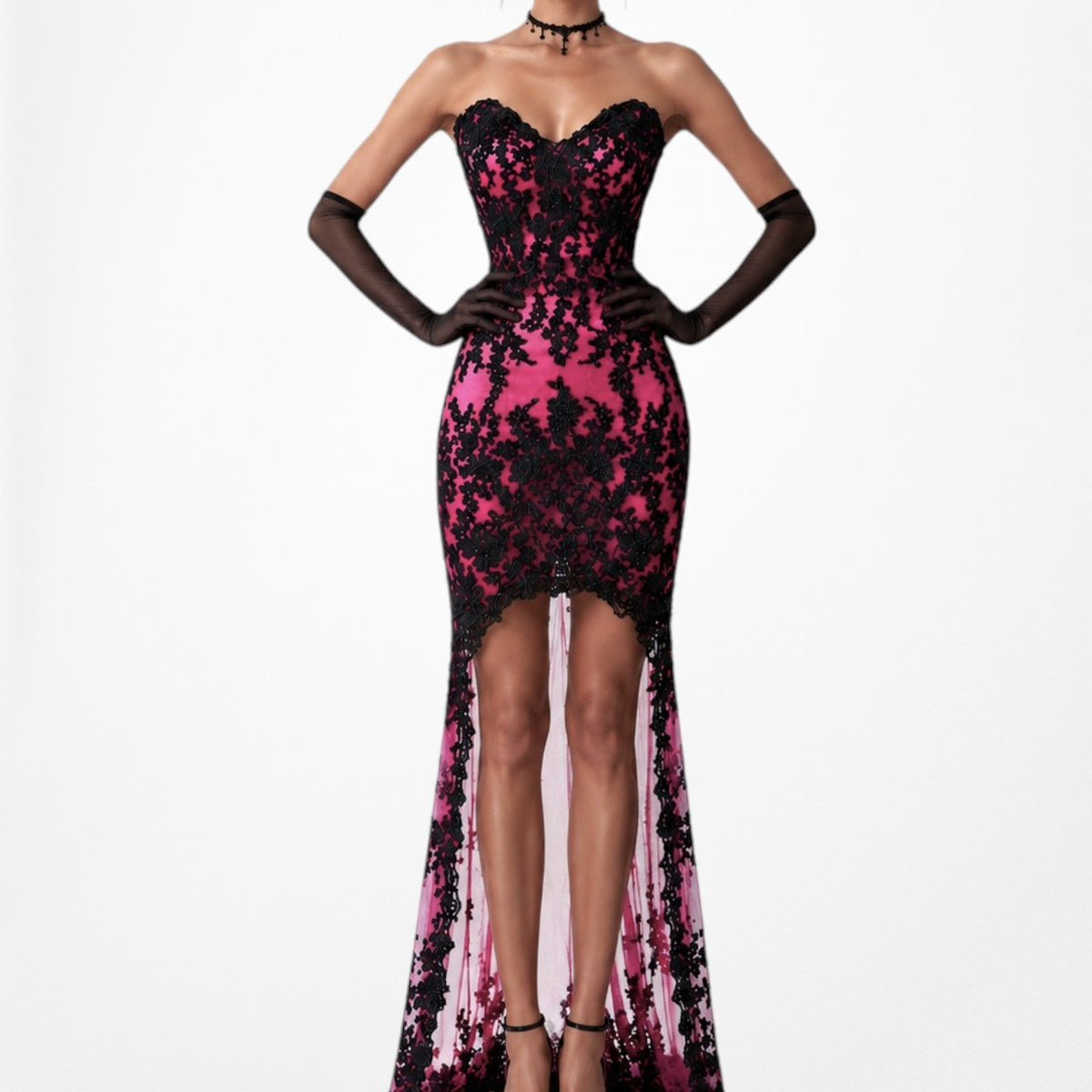 Vintage Y2K Black Pink Strapless Lace Beaded High Low Maxi Prom Dress Size S/M