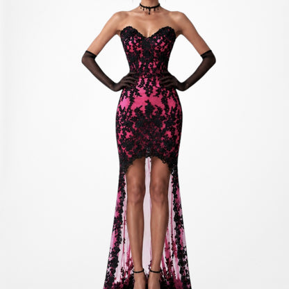 Vintage Y2K Black Pink Strapless Lace Beaded High Low Maxi Prom Dress Size S/M