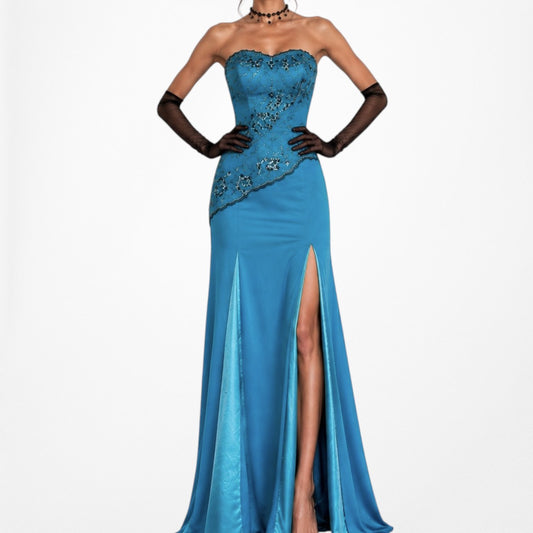 Vintage Y2K Blue Strapless Floral Beaded Lace Side Slit Maxi Prom Dress Size S