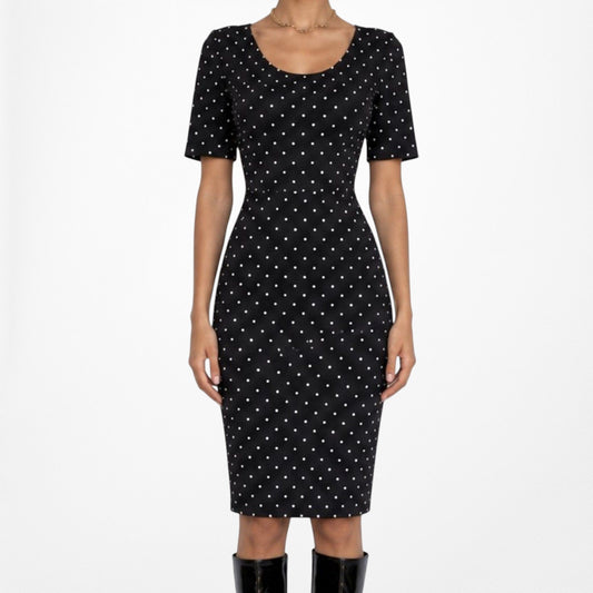 Vintage Y2K Black Polka Dot Short Sleeve Knee Length Bodycon Knit Dress Size M