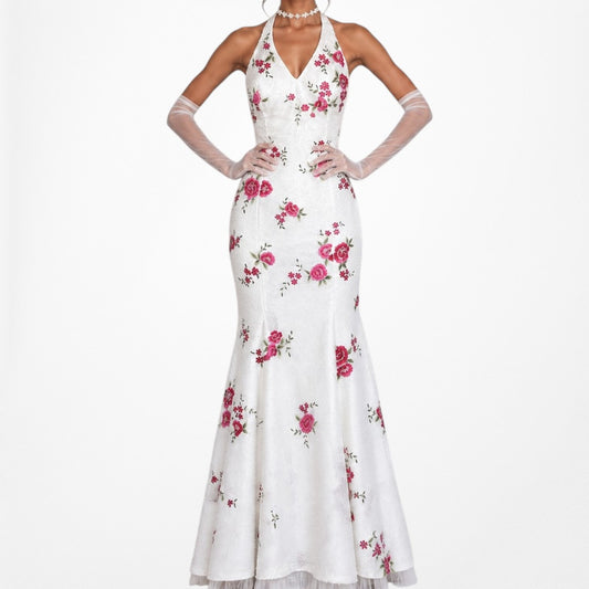 Vintage Y2K White Pink Floral Beaded Halter Tulle Lined Maxi Prom Dress Size M