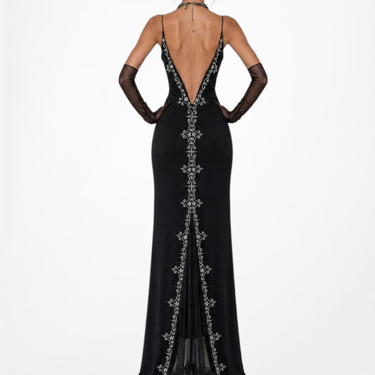 Vintage Black Beaded Knit Maxi Formal Prom Dress Size M/L