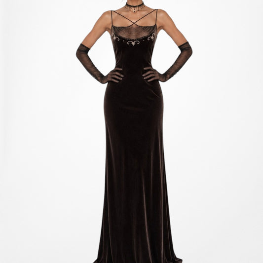 Vintage Brown Velvet Beaded Mesh Maxi Bodycon Formal Prom Dress Size L/XL