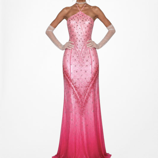 Vintage Y2K 90s Pink Ombre Halter Beaded Mesh Bodycon Maxi Prom Dress Size S
