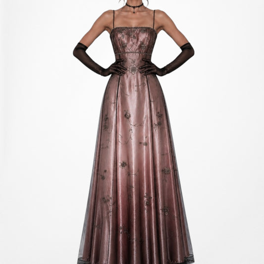 Vintage Pink Brown Floral Beaded Mesh Fit Flared Maxi Formal Prom Dress Size S/M