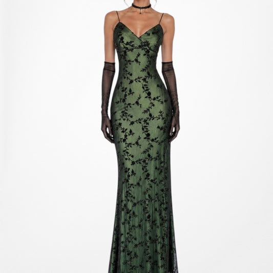 Vintage Green Velvet Floral Beaded Mesh Knit Bodycon Maxi Dress Size S