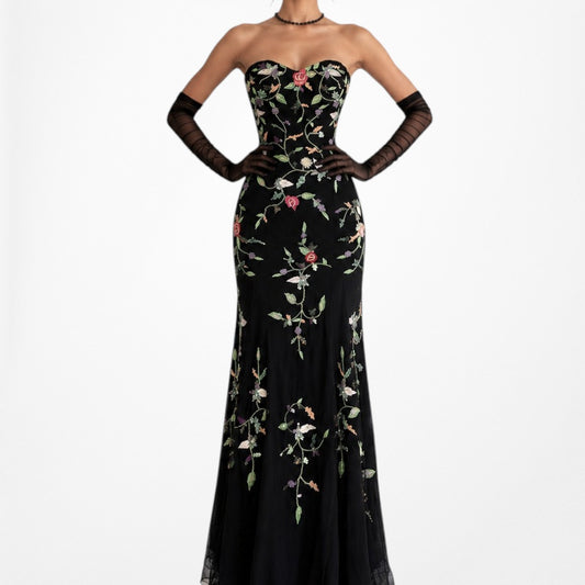 Vintage Black Strapless Sweetheart Floral Beaded Fit Flared Formal Prom Dress Size S