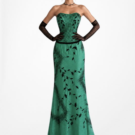 Vintage Green Two Piece Floral Beaded Silk Strapless Maxi Prom Dress Size S