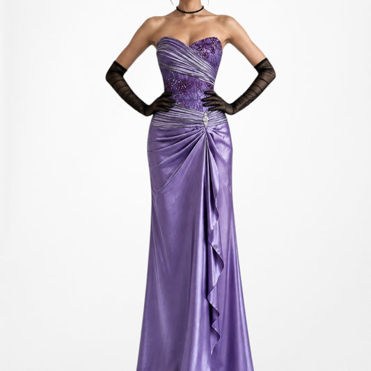 Vintage Y2K Purple Strapless Satin Lace Beaded Pleated Maxi Prom Dress Size S/M