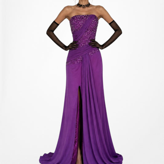 Vintage Y2K Purple Strapless Beaded Side Slit Fit Flared Maxi Prom Dress Size S