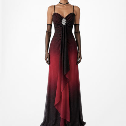 Vintage Burgundy Red Glitter Rhinestone Knit Ruffle Maxi Prom Dress Size M