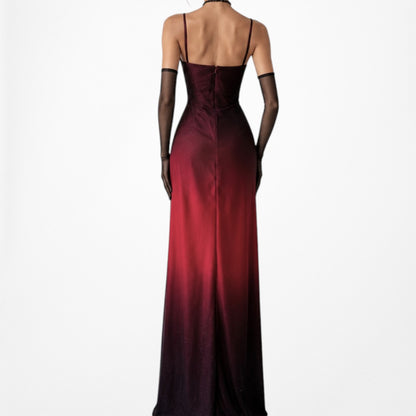 Vintage Burgundy Red Glitter Rhinestone Knit Ruffle Maxi Prom Dress Size M