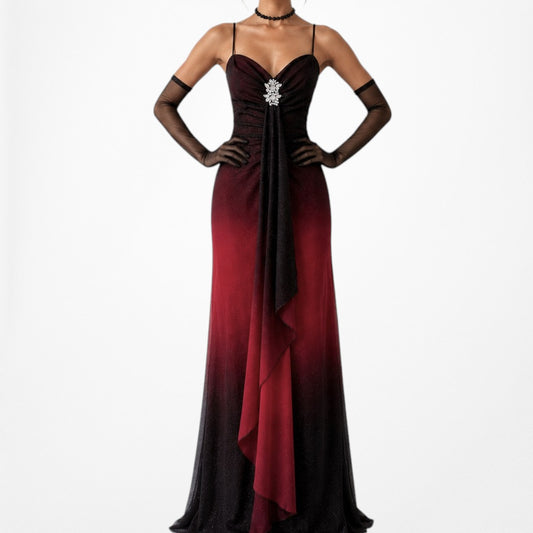 Vintage Burgundy Red Glitter Rhinestone Knit Ruffle Maxi Prom Dress Size M