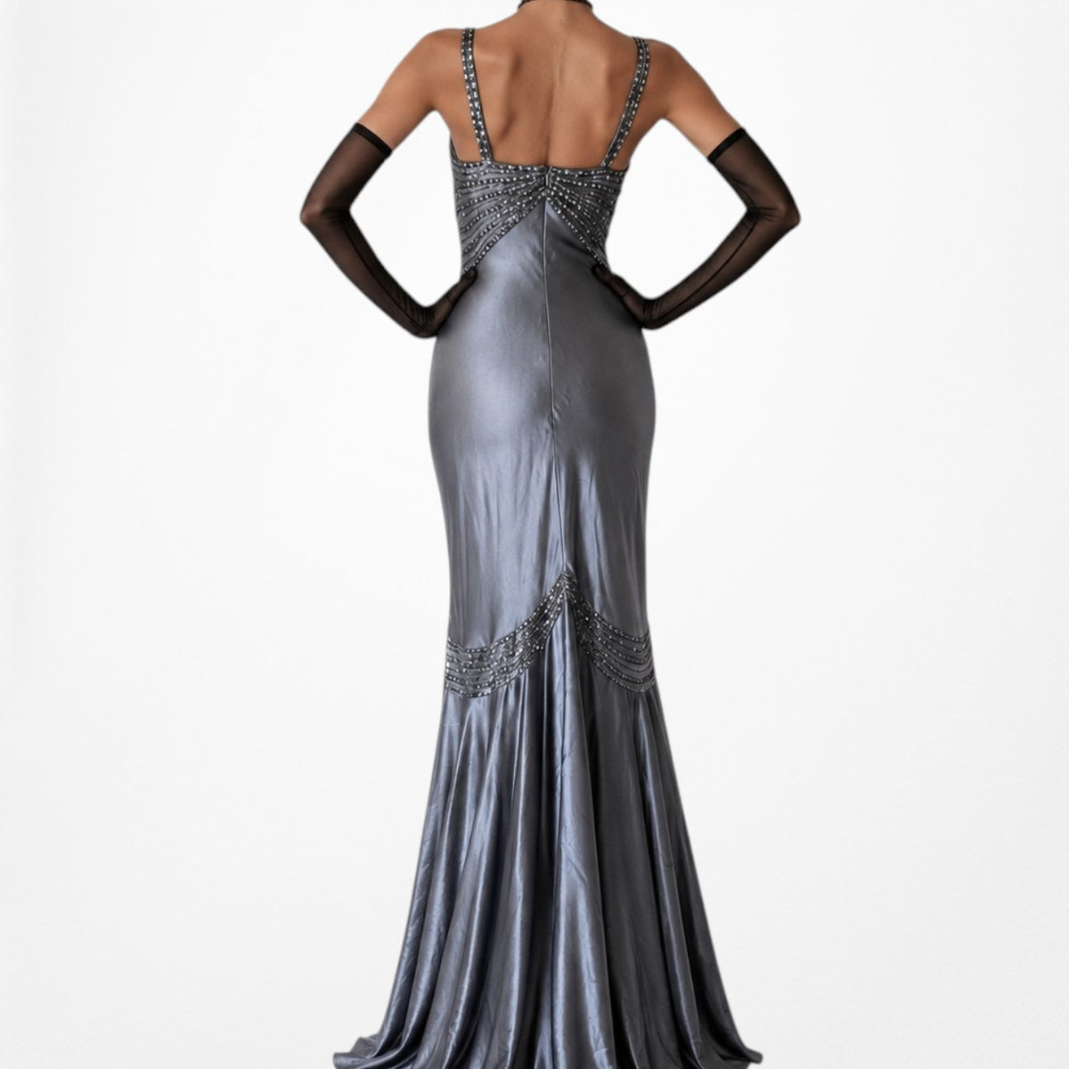 Vintage Gray Silver Satin Beaded Fit Flared Maxi Ruffle Prom Dress Size M