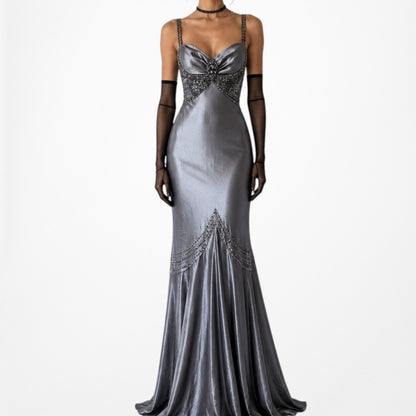 Vintage Gray Silver Satin Beaded Fit Flared Maxi Ruffle Prom Dress Size M