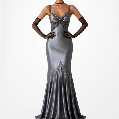 Vintage Gray Silver Satin Beaded Fit Flared Maxi Ruffle Prom Dress Size M