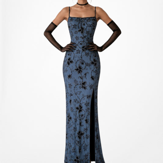 Vintage Blue Floral Beaded Silk Side Slit Bodycon Maxi Cocktail Dress Size S