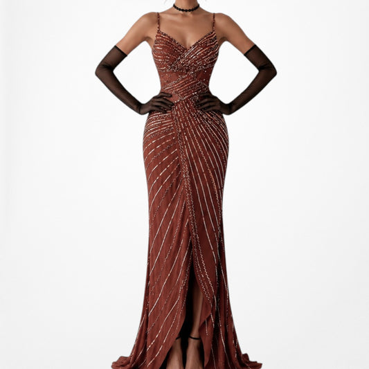 Vintage Brown Beaded Sequin Maxi Bodycon Slit Formal Prom Dress Size S