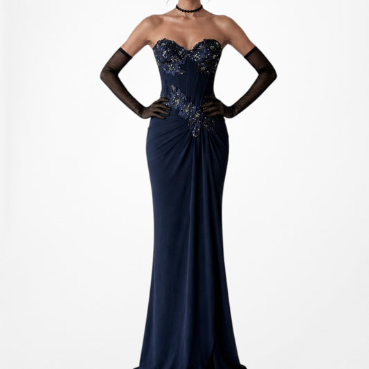 Vintage Navy Blue Lace Beaded Corset Bustier Maxi Prom Dress Size S/M