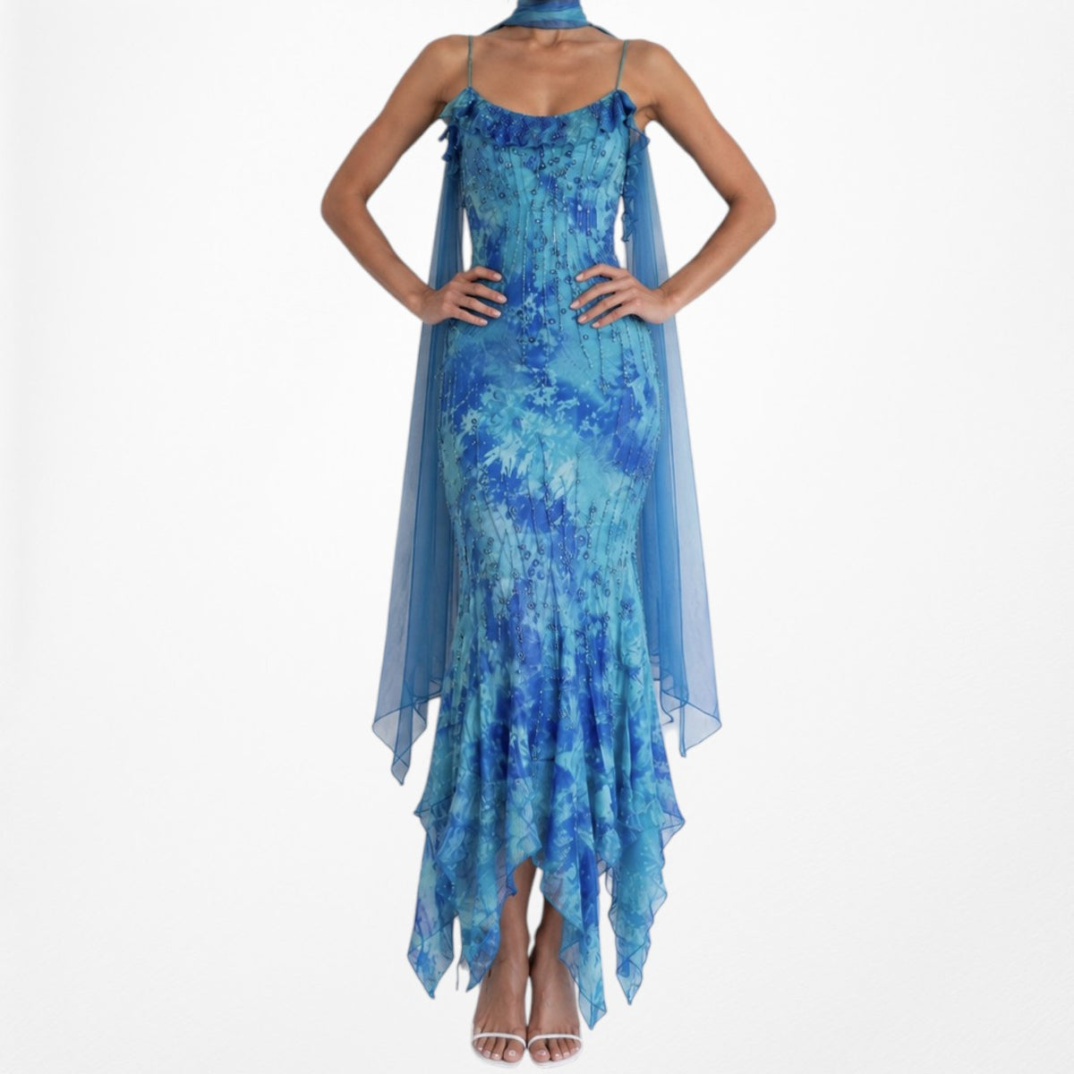 Vintage Blue Beaded Ruffle Silk Asymmetric Hem Midi Dress Size S