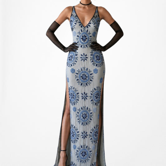 Vintage Blue Silk V-Neck Floral Beaded Bodycon Side Slit Maxi Prom Dress XS/S