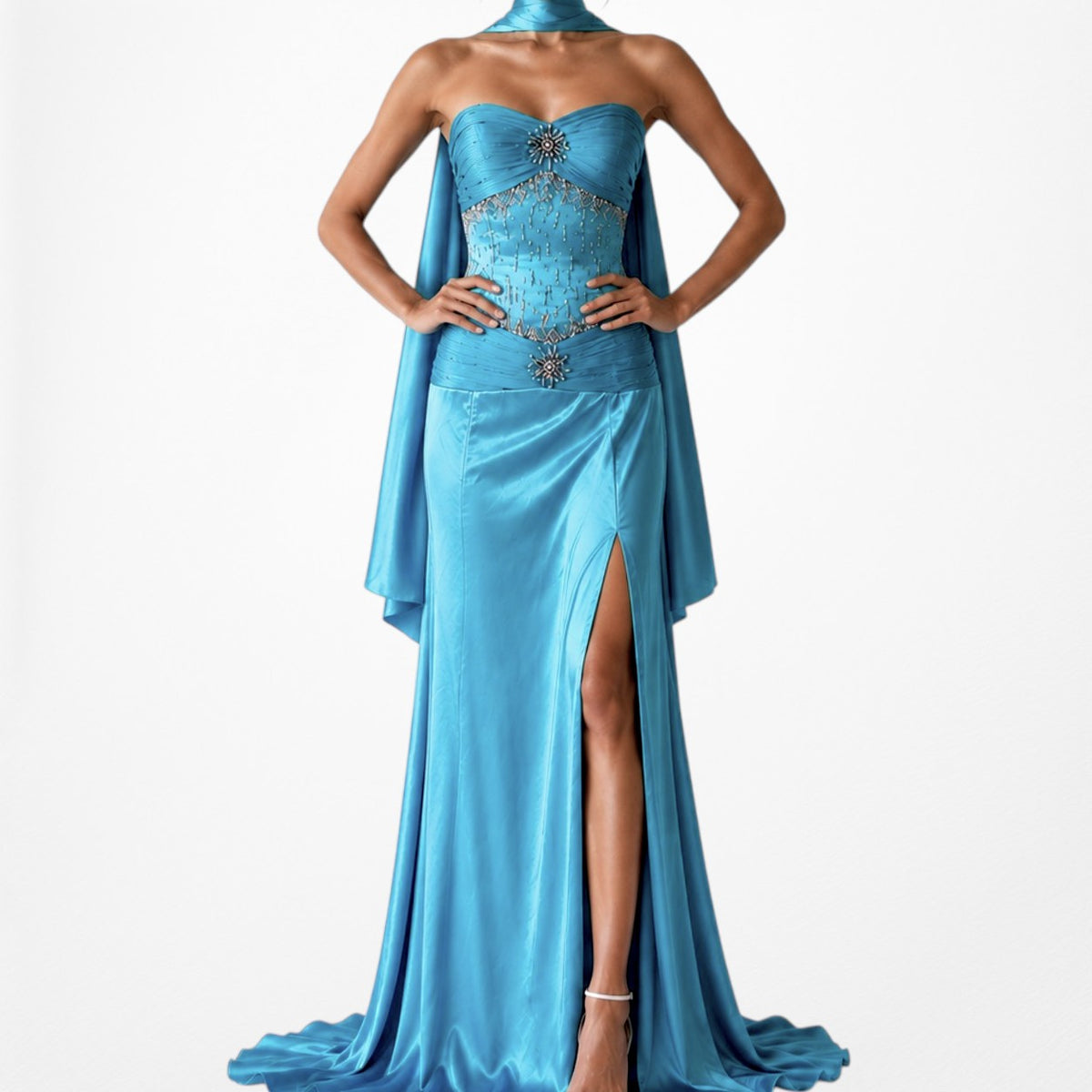Vintage Y2K Blue Strapless Satin Pleated Flared Maxi Prom Dress W/ Shawl Size M