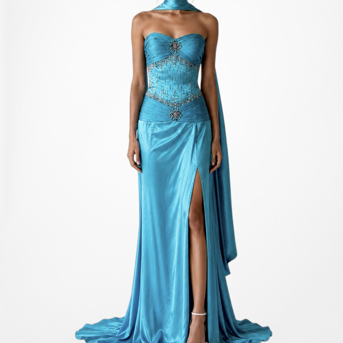 Vintage Y2K Blue Strapless Satin Pleated Flared Maxi Prom Dress W/ Shawl Size M