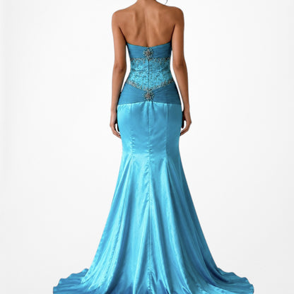 Vintage Y2K Blue Strapless Satin Pleated Flared Maxi Prom Dress W/ Shawl Size M
