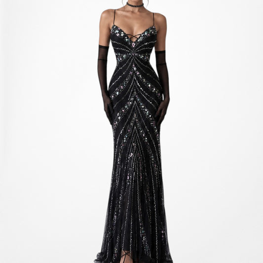 Vintage Y2K Black Knit Sequin Beaded Bodycon Mermaid Maxi Prom Dress Size S/M