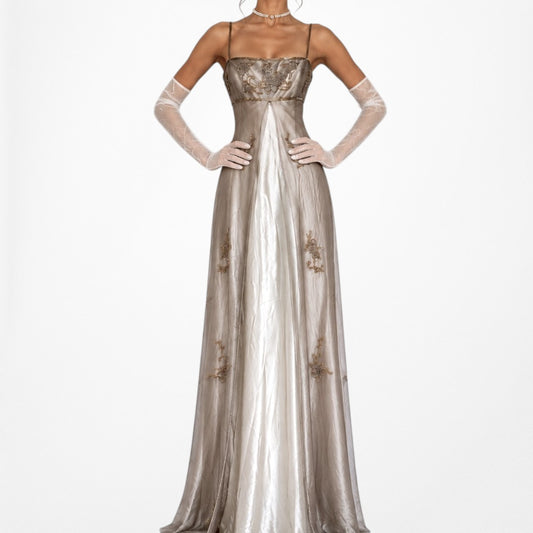 Vintage Y2K Beige Gold Mesh Satin Floral Beaded Formal Maxi Prom Dress Size M/L