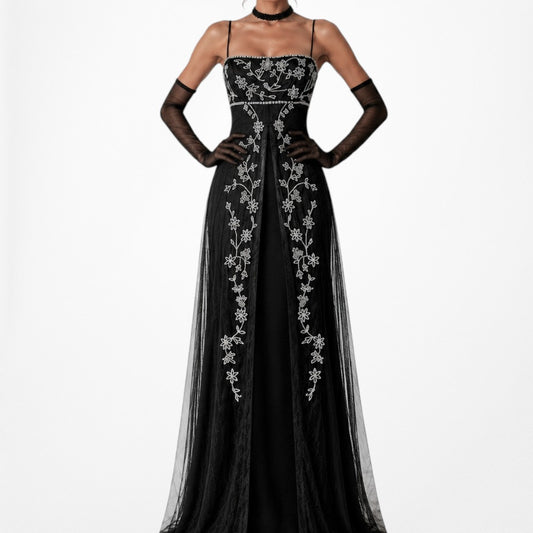 Vintage Black White Floral Beaded Mesh Fit Flared Babydoll Maxi Prom Dress Size M