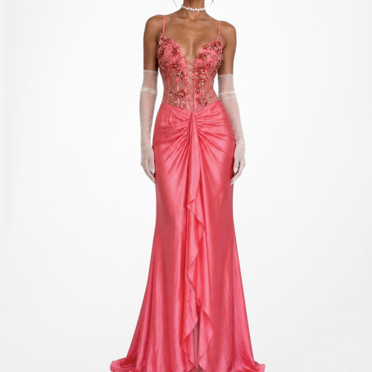 Vintage Pink Silk Floral Beaded Bustier Corset Ruffle Prom Dress Size M