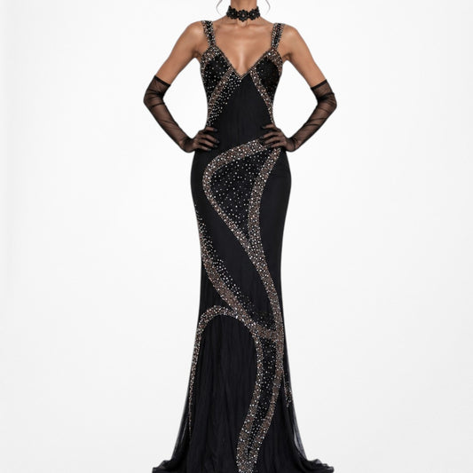 Vintage Black Beaded Bodycon Maxi Cocktail Formal Prom Dress Size M